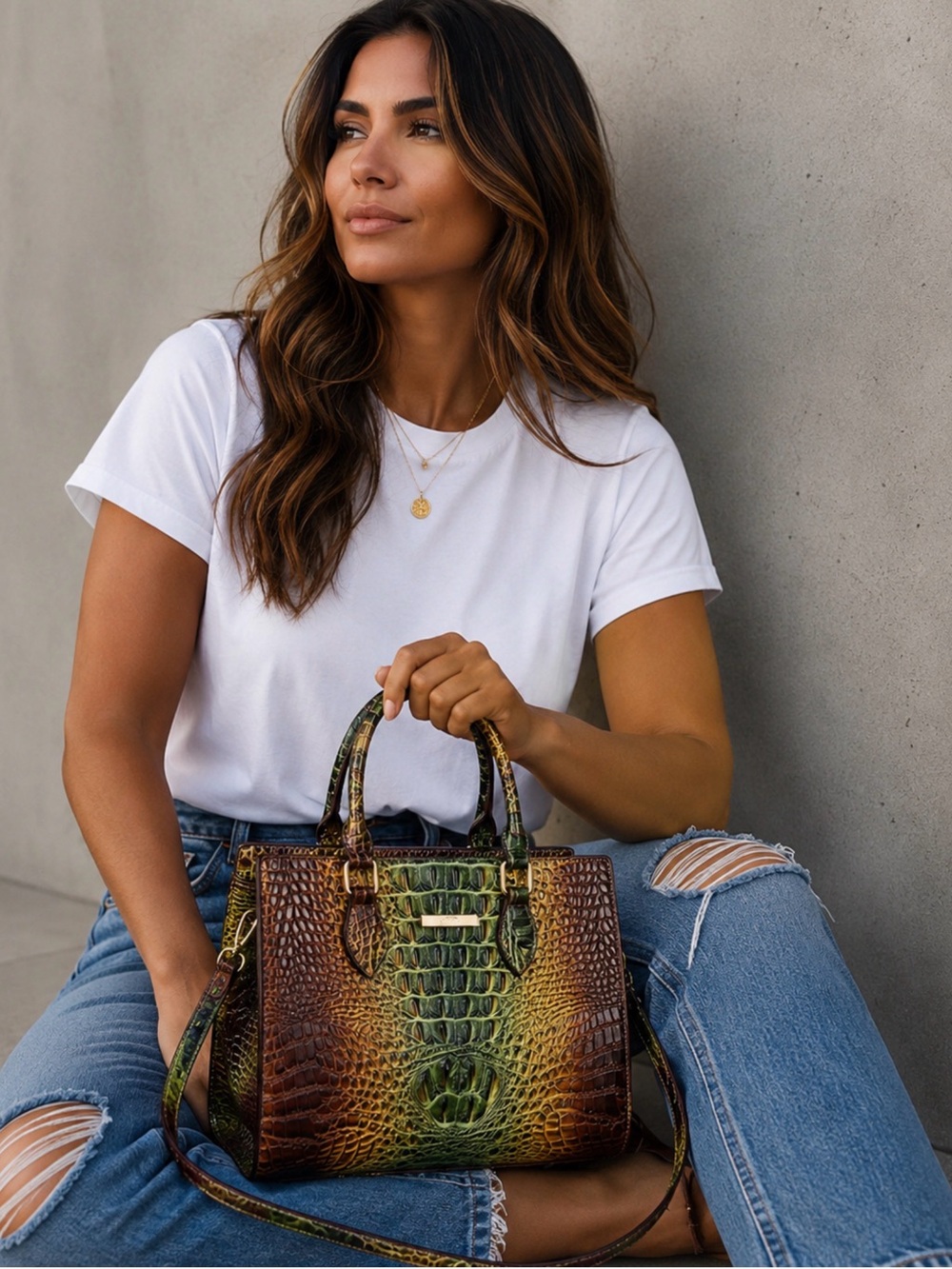 ✨NEW 3 piece Croc 🐊 Embossed Gradient Crossbody Tote in Brown and Green & wallet